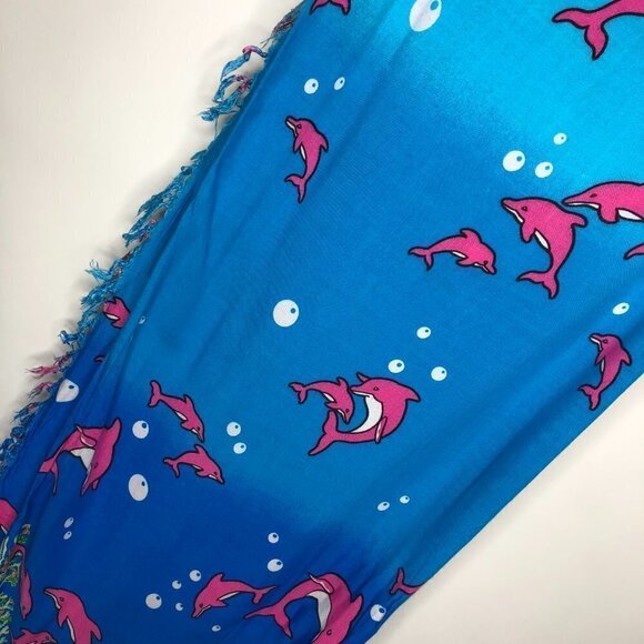 DOLPHIN Under the Sea Blue & Pink Coral Reef Tassel Beach Coverup Sarong Skirt - Picture 3 of 16